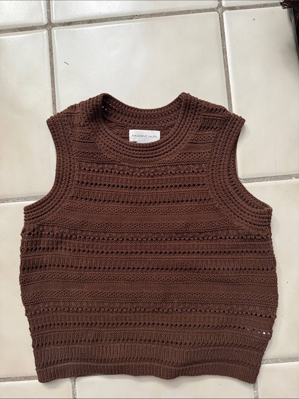 Sincerly Jules Chocolate Brown Crochet Knit Sleeveless Sweater Vest